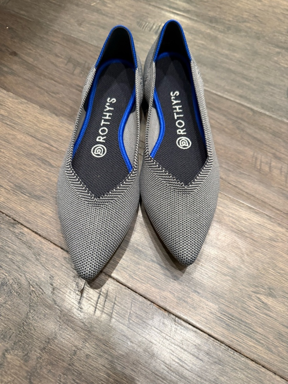 Rothy's Pointed Gray Knit Flats with Blue Trim NWOT